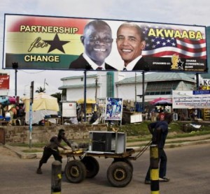 Barack Obama appears on campaign billboards with John Atta Mills